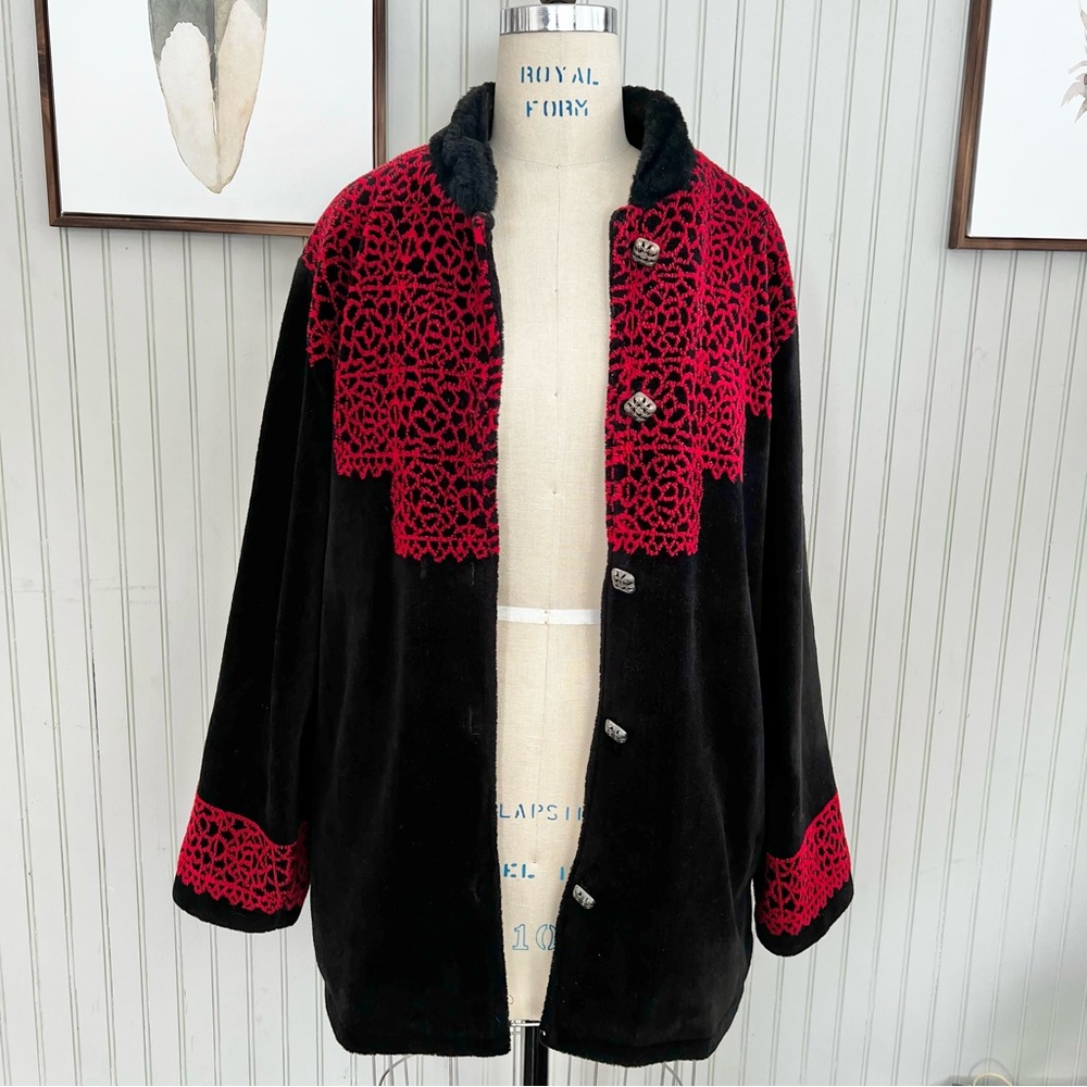 Coldwater Creek Teddy Jacket Black with Red Grid Design oversized